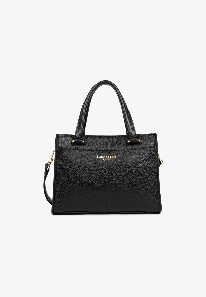 Black textured leather handbag with two top handles, gold hardware, and a detachable shoulder strap. Features a minimalist design and branded detail.