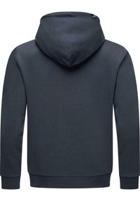 Sudadera gris oscuro con una capucha amplia, puños y dobladillo acanalados, textura suave y un minimalismo en el logo en el cuello. Se muestra vista trasera.