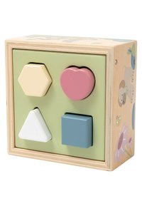 Wooden shape sorter with four colorful blocks: beige hexagon, pink heart, white triangle, blue square, set in a light green background.