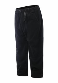 Zwarte fleecebroek met een elastische tailleband, trekkoord en zijzakken; taps toelopende snit met zachte textuur en naaddetails.