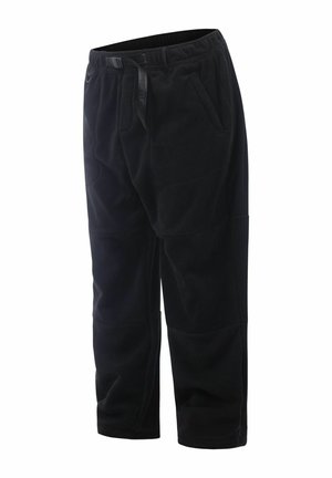 Schwarze Fleece-Hosen mit elastischem Bund, Zugband und seitlichen Taschen; taillierte Passform mit weicher Textur und Nahtdetails.