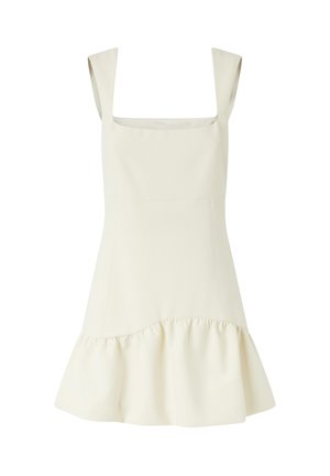 Vestido color crema con escote cuadrado, tirantes anchos y dobladillo acampanado. Fabricado con una tela suave y con un borde inferior rizado.