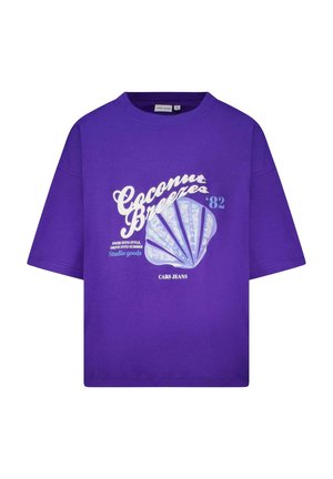 Paars T-shirt met korte mouwen gemaakt van katoen, met een grafische opdruk met tekst en een schelpontwerp in wit en blauw.