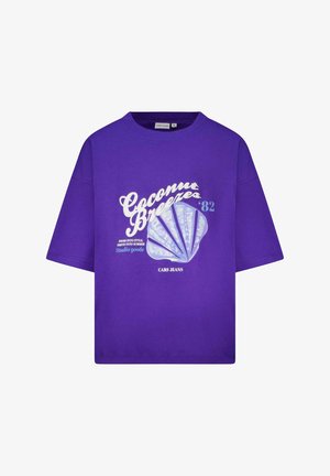 Paars T-shirt met korte mouwen gemaakt van katoen, met een grafische opdruk met tekst en een schelpontwerp in wit en blauw.