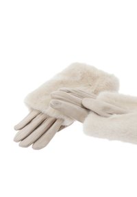 Beżowe rękawiczki wykonane z miękkiego sztucznego futra z gładką, teksturowaną dłonią. Mankiety są puszyste, co dodaje ciepła i komfortu. Konstrukcja na pięć palców.