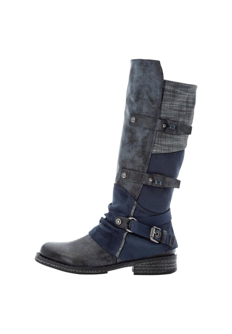 Tall boots featuring a mix of dark and navy blue materials, textured accents, a buckle strap, and a low stacked heel.