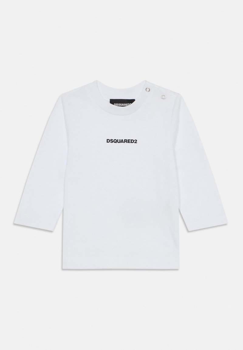 White long-sleeve t-shirt made of cotton, featuring a crew neckline, two snap buttons on the shoulder, and a black DSQUARED2 logo.
