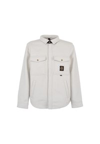 Giacca grigia chiara realizzata in tessuto a trama, con zip frontale, due tasche frontali con pattina e un'etichetta sul lato sinistro del petto.