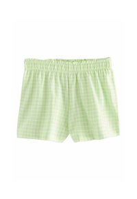Shorts à carreaux vert clair en tissu doux, dotés d'une taille élastiquée et d'une coupe ample, avec un motif à carreaux sur l'ensemble.