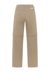 Pantalon de randonnée beige à jambes zippées, coupe décontractée, en tissu lisse ; possède un logo sur la ceinture arrière et des coutures doubles.