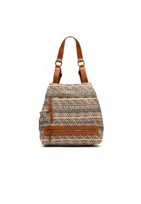 Sac en tissu à motifs avec des accents en cuir marron, équipé d'une poche zippée et de bretelles réglables. Motif géométrique dans des tons terreux.
