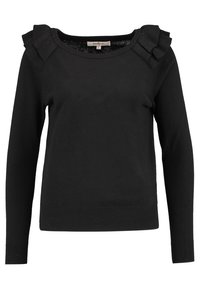 Zwarte trui met lange mouwen en een ronde hals, voorzien van gerimpelde accenten op de schouders en een geribde zoom, gemaakt van gebreide stof.