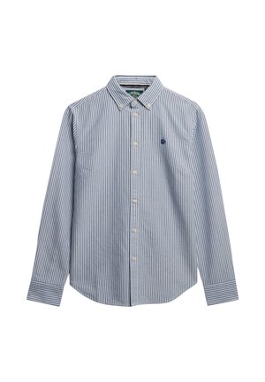 Chemise à manches longues avec rayures verticales bleues et blanches, col boutonné et petit logo brodé sur le côté gauche de la poitrine.