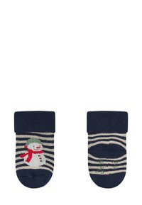 Navy striped socks with a green-hatted snowman design. Made of soft material with a ribbed cuff and decorative stitching.