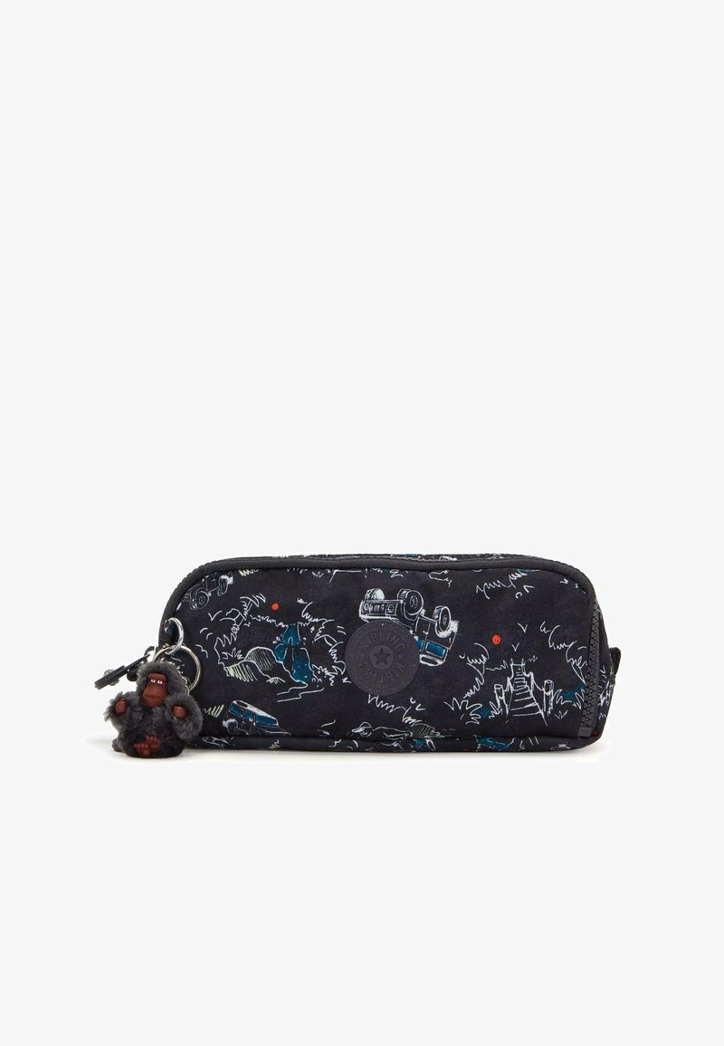 Astuccio nero in tessuto testurizzato, decorato con motivi colorati di animali e natura. Include un piccolo portachiavi a forma di gorilla.