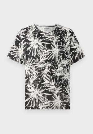 Juodas marškinėliai su baltu abstrakčiu palmės lapo raštu, trumpomis rankovėmis ir apvaliu iškirpimu, pagaminti iš lengvos medvilnės audinio.