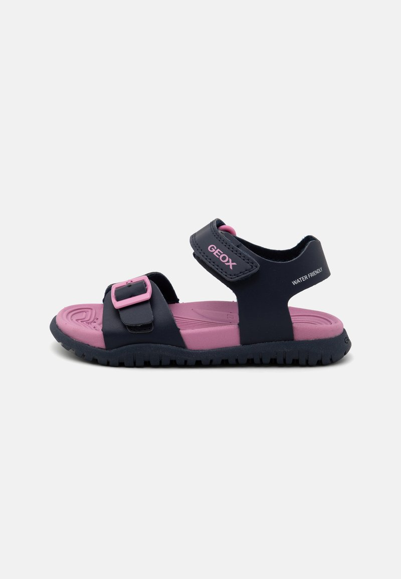 Marine- und rosa Sandalen mit verstellbaren Riemen, Gummisohle, strukturiertem Fußbett und "GEOX"-Logo. Leichtgewichtige und wasserfreundliche Gestaltung.