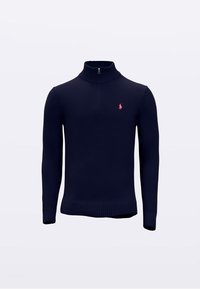 Marineblauwe gebreide trui met een hoge kraag, voorzien van een ritssluiting aan de voorkant en een klein roze logo op de borst. Gestructureerde stof met geribbelde manchetten.