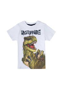T-shirt bianco a maniche corte con una grafica di un T-Rex, con il testo "UNSTOPPABLE!" e l'etichetta "DINO WORLD" nella parte inferiore.