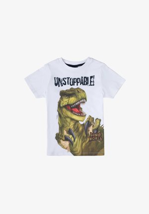 T-shirt bianco a maniche corte con una grafica di un T-Rex, con il testo "UNSTOPPABLE!" e l'etichetta "DINO WORLD" nella parte inferiore.