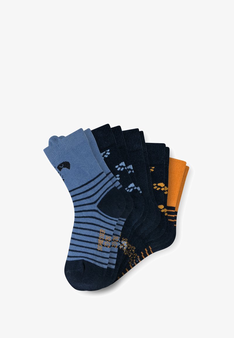 Fünf Paar Socken in verschiedenen Farben: blau mit Streifen, dunkelblau mit Mustern und orange. Hergestellt aus einem weichen, strukturierten Stoff.