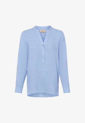 Hellblaue Damenbluse mit langen Ärmeln, V-Ausschnitt und Drei-Knopf-Leiste, maßgeschneiderte Manschetten und leicht geschwungenem Saum.