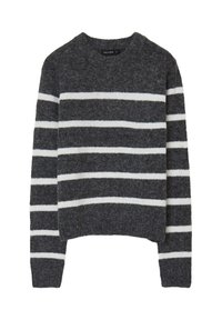 Pull en maille gris foncé avec des rayures horizontales blanches et des manches longues, posé à plat sur un fond blanc.