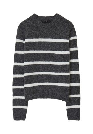 Dark gray knit sweater with white horizontal stripes and long sleeves, laid flat against a white background.