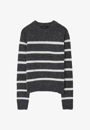 Dark gray knit sweater with white horizontal stripes and long sleeves, laid flat against a white background.
