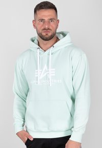 Felpa verde menta realizzata in tessuto morbido, con tasca frontale a marsupio, cordini e un grande logo bianco sul petto.