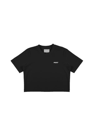 Czarny krótkawy t-shirt z bawełny, z zaokrąglonym dekoltem i krótkimi rękawami. Na lewej piersi nadrukowany biały napis "PROSTO".