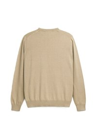 Maglione beige lavorato a maglia, con scollo rotondo, maniche lunghe, orlo e polsini a coste, texture liscia, design minimalista senza decorazioni.