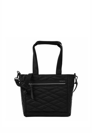 Sac cabas matelassé noir avec deux poignées, une poche zippée à l'avant et une sangle d'épaule réglable sur fond blanc.