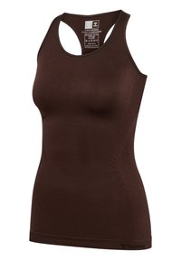 Mouwloze donkerbruine naadloze sporttanktop met racerback ontwerp en zichtbaar maat- en zorglabel binnenin de kraag.
