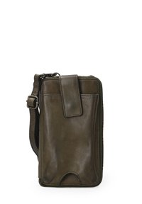 Dark green leather pouch bag with a zip closure, top flap, and adjustable strap. Features smooth texture and minimalistic design.