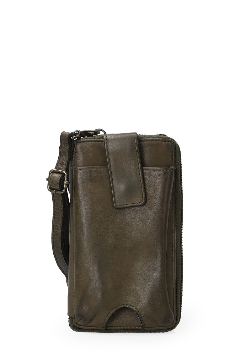 Dark green leather pouch bag with a zip closure, top flap, and adjustable strap. Features smooth texture and minimalistic design.