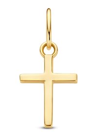 Gouden kruis hanger met een gepolijste afwerking, voorzien van een eenvoudig geometrisch ontwerp en een ronde ooglus om aan te hangen.