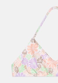 Floral-patterned bikini top featuring a triangle shape, adjustable straps, soft texture, and colors including orange, green, purple, and brown.