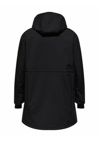 Abrigo impermeable negro con capucha, que presenta un diseño aerodinámico, mangas largas y una textura suave. La vista trasera no muestra hardware visible.