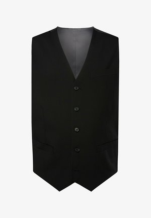 Zwarte gilet met een v-hals ontwerp, zes knopen, twee zijzakken en een enkele borstzak; gladde stof met een satijnen afwerking.