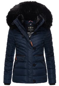Navy blue quilted puffer jacket with a faux fur-trimmed hood, black accents, two front pockets, and button closures. Brand label visible.