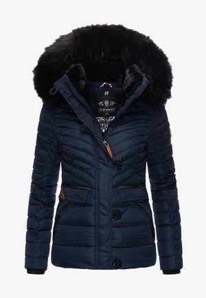 Navy blue quilted puffer jacket with a faux fur-trimmed hood, black accents, two front pockets, and button closures. Brand label visible.
