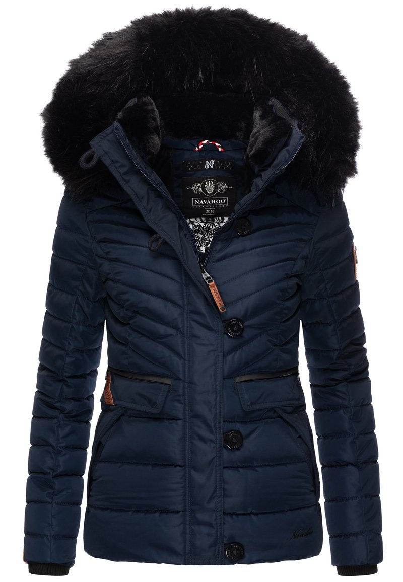 Navy blue quilted puffer jacket with a faux fur-trimmed hood, black accents, two front pockets, and button closures. Brand label visible.