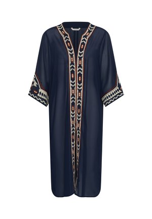 Robe ample de style kimono bleu marine avec manches trois-quarts, ornée de broderies géométriques en blanc, rouge et beige le long des bords et des poignets.
