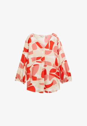 Lekka, kremowa bluzka z odważnymi, czerwonymi i różowymi, abstrakcyjnymi wzorami, dekoltem w kształcie litery V oraz długimi rękawami z elastycznymi mankietami. Zawiera ozdobny detal z guzikami.