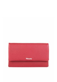 Red leather wallet with a textured finish, featuring a flap closure and a small white logo on the front. Compact rectangular shape.