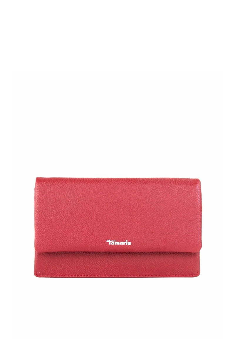 Red leather wallet with a textured finish, featuring a flap closure and a small white logo on the front. Compact rectangular shape.