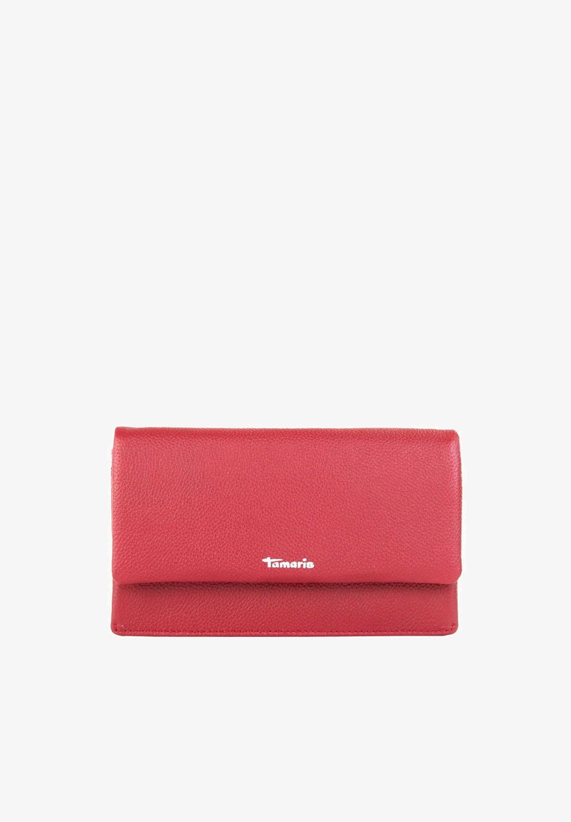 Red leather wallet with a textured finish, featuring a flap closure and a small white logo on the front. Compact rectangular shape.
