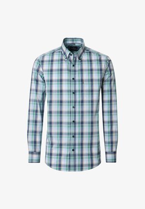 Men’s long-sleeve button-up shirt with green, blue, and white plaid pattern and a single chest pocket.