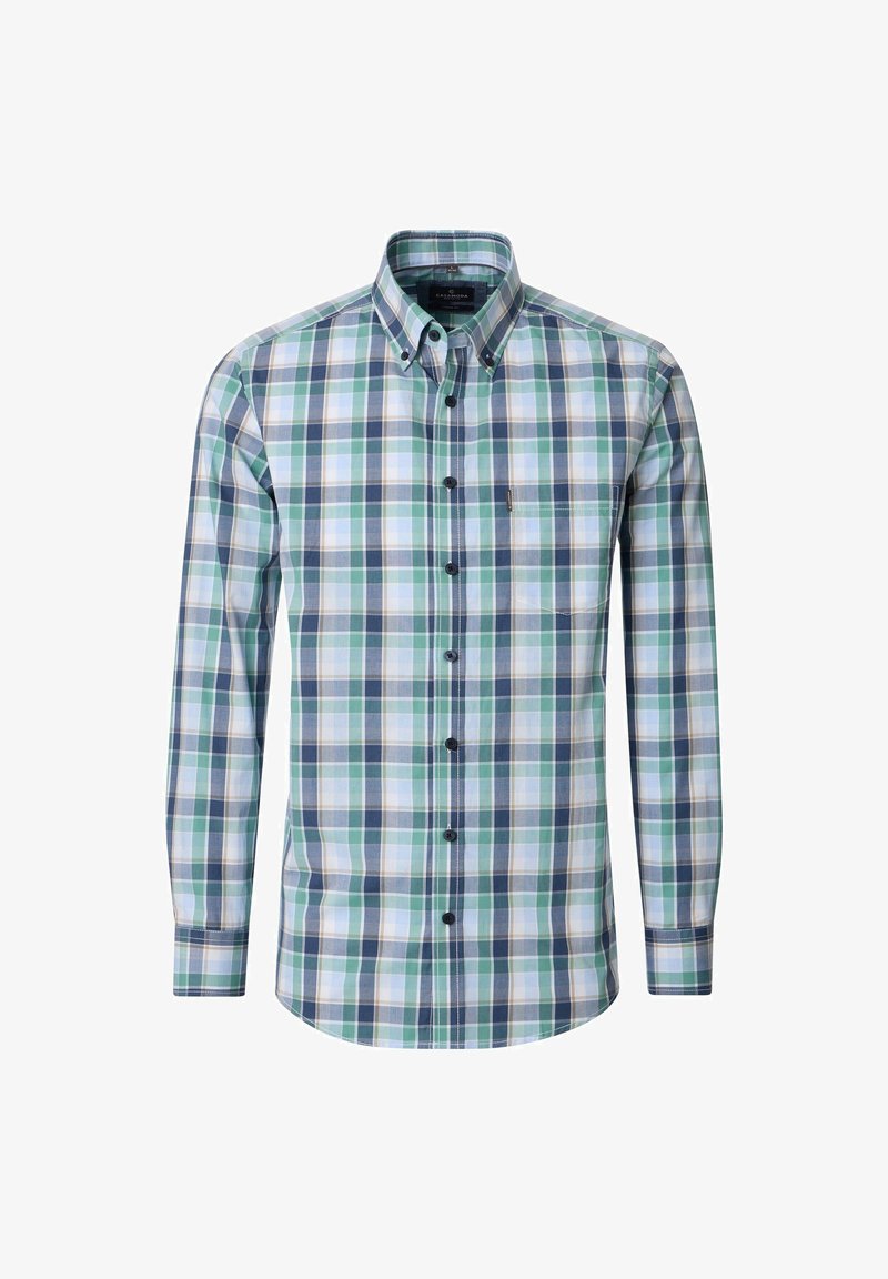 Men’s long-sleeve button-up shirt with green, blue, and white plaid pattern and a single chest pocket.